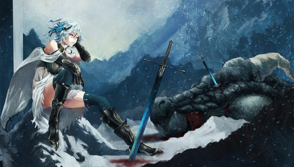 monster, girl, sword, weapons, art, akaikitsune, snow, dragon desktop background