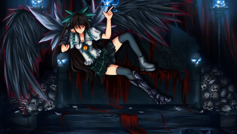 art, reiuji utsuho, touhou, wings, skull, shou mai, sofa, girl desktop background