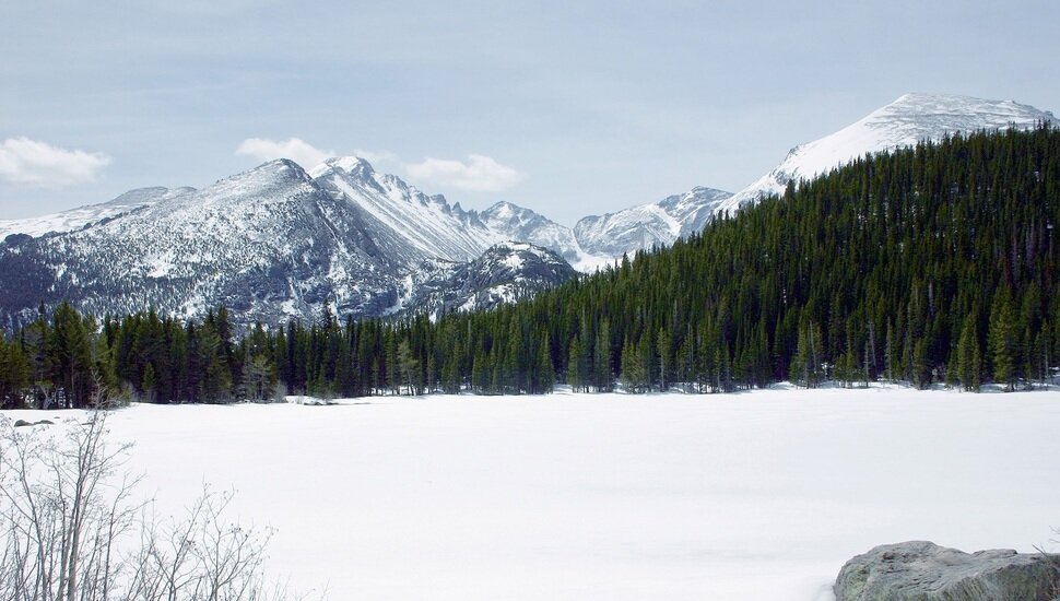 snow, mountains, forest desktop background