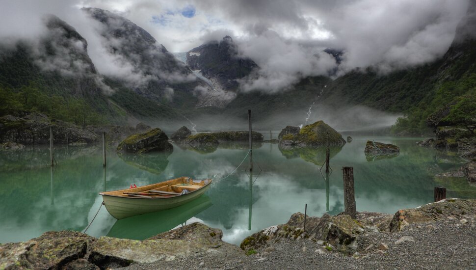 bondhus, norway, fog, boat, lake, lake, mountains desktop background