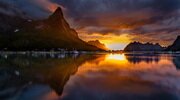 sunset, norway, reine, landscape, mountains, lake wallpapers