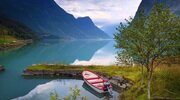 mountains, nature, boat, norway, birches, the lake, norway wallpapers