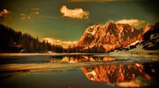 mountains, forest, snow, water wallpapers