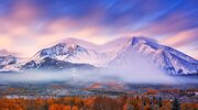 mountains, morning, the sky, forest, autumn, snow wallpapers